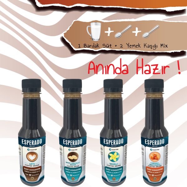 ESPERADO VANİLYA*BEYAZ ÇİKOLATA*LATTE*KARAMELLİ AROMALI SOĞUK KAHVE MİX 4 LÜ SET 250 MLx 4 ad.