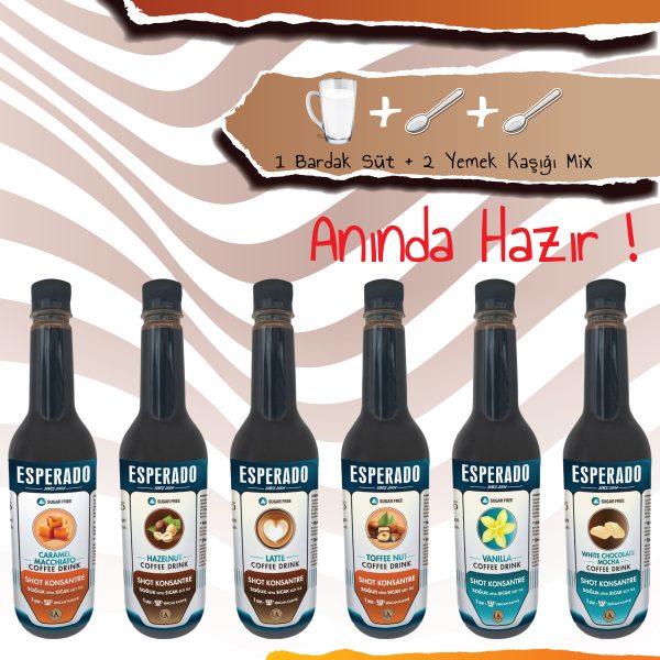 ESPERADO VANİLYA*KARAMEL*BEYAZ ÇİKOLATA*LATTE*FINDIKLI*TOFFE NUT AROMALI SOĞUK KAHVE MİX 6LI SET 750 ML