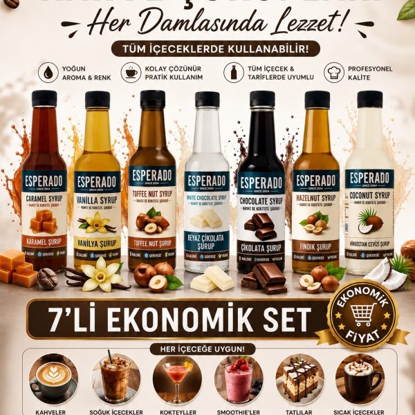 250 ML 7'Lİ VANİLYA-KARAMEL-FINDIK-ÇİKOLATA-BEYAZ ÇİKOLATA-HİNDİSTAN CEVİZİ-TOFFY NUT AROMALI KAHVE ŞURUBU