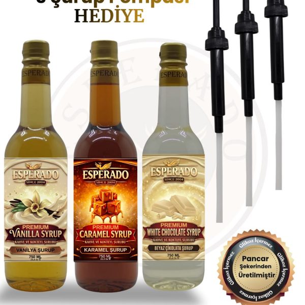 ESPERADO PREMIUM % 100 Şeker Vanilya - Beyaz Çikolata - Karamel Aromalı Kahve Şurubu 750 ml X 3 Ad.