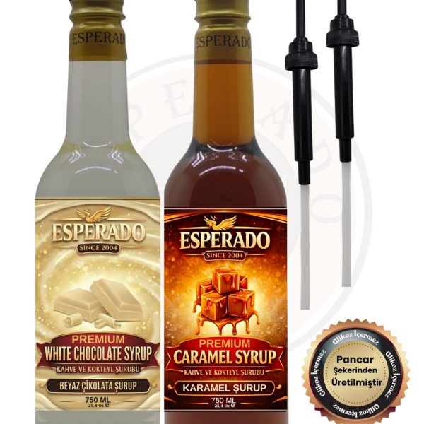 ESPERADO PREMIUM % 100 Şeker * Karamel - Beyaz Çikolata Aromalı Kahve Şurubu 750 ml X 2 Ad.
