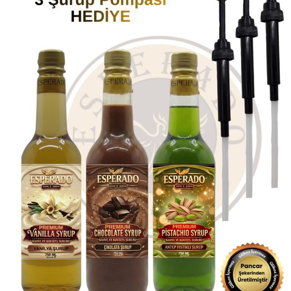 ESPERADO PREMIUM % 100 Şeker Vanilya - Çikolata - Antep Fıstığı Aromalı Kahve Şurubu 750 ml X 3 Ad.